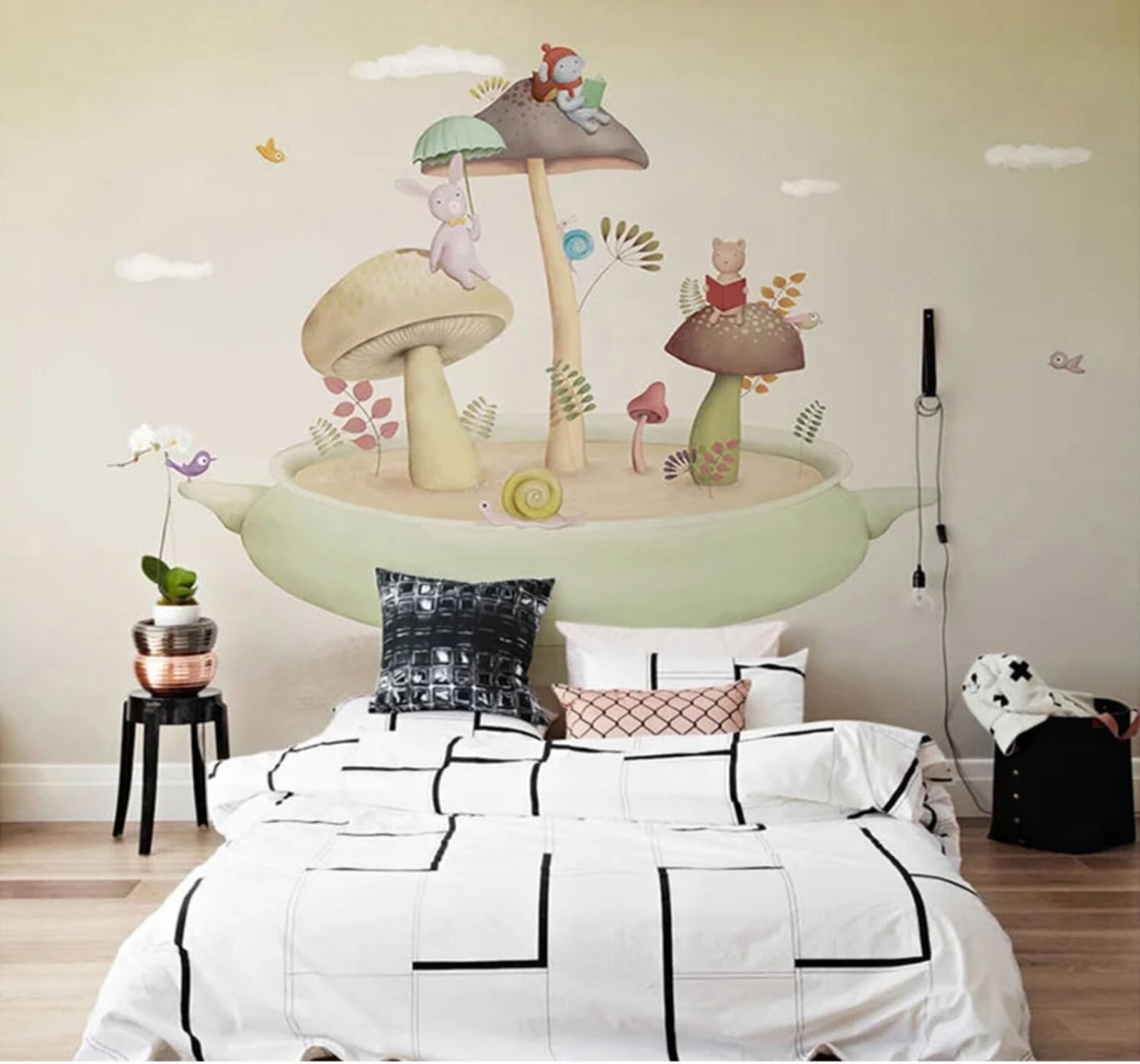 Xlming 400Cm×280Cm(B×H) Cartoon Creative Mushroom Rabbit Unique 3D Wallpaper Silky Texture Home Study Office Grey Dining Room Sofa Bedroom Living Room Tv Backdrop-400Cm×280Cm