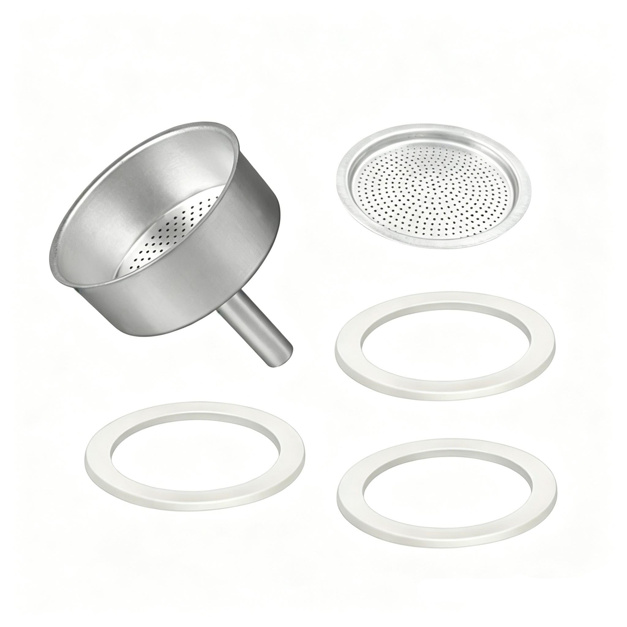 Kit de repuesto para olla Moka de 6 tazas, incluye 1 embudo de espresso, 1 filtro de aluminio y 3 sellos de junta de silicona, compatible con cafeteras de estufa