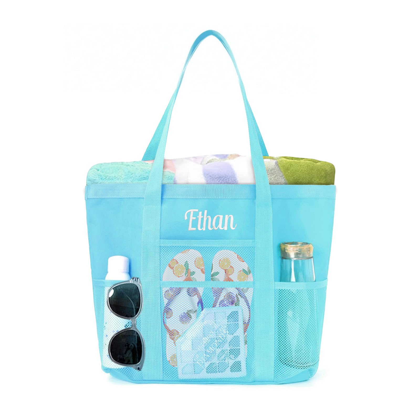 ZGCYSMHT Personalized Beach Tote Bag for Women Custom Embroidered Name Large Mesh Sandproof Swim Bag, Foldable Travel Tote