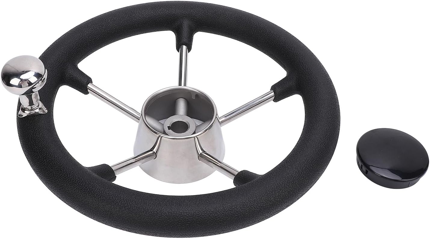 11 Boat Steering Wheel 5 Spoke Marine Design, 304 Stainless Steel with Foam Grip and Control Knob for Yacht and Fishing Boat