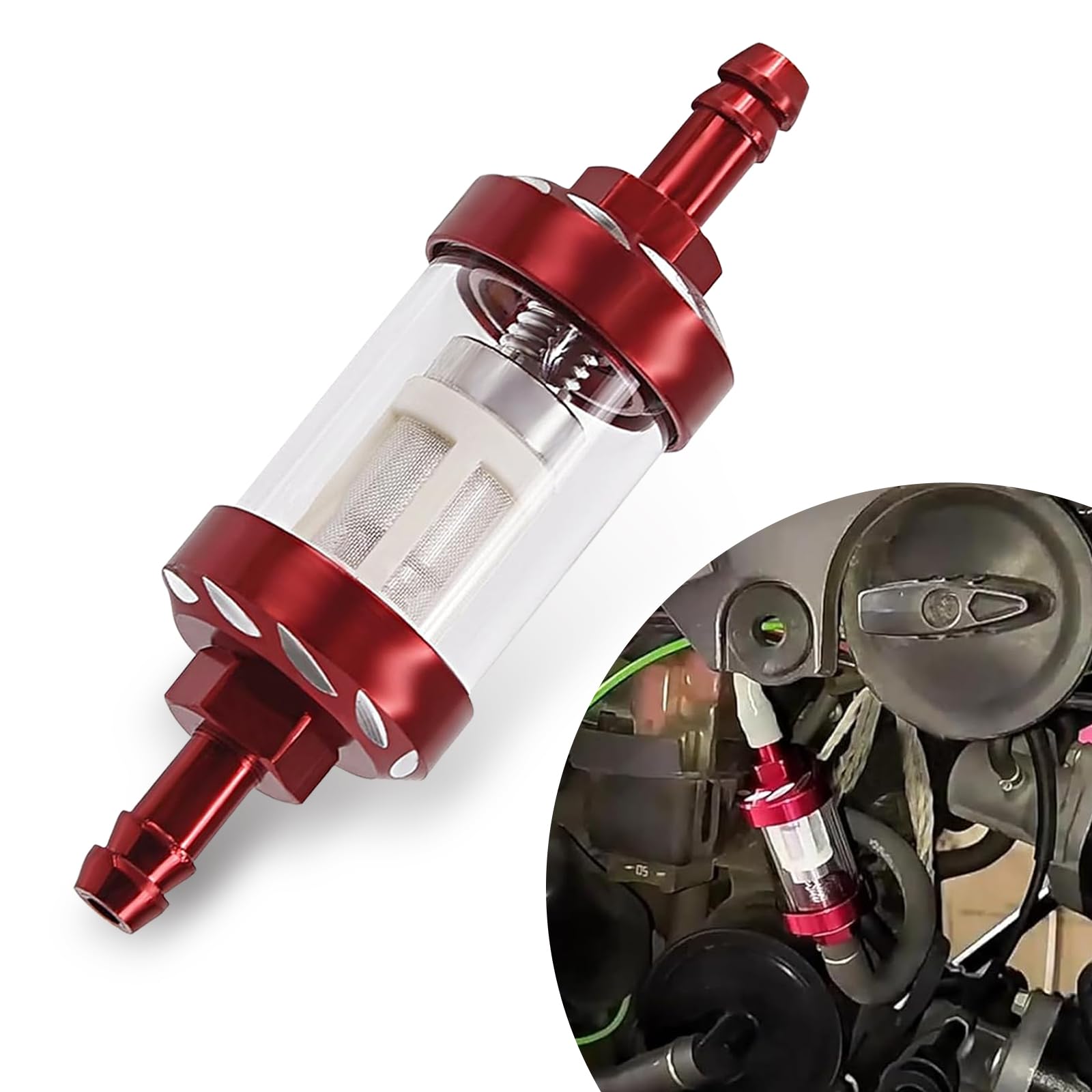 Nowkont 1 PC Motorcycle Filter Accessories, Inline Disassemble Design, 1.1In x 1.57In x 0.31In Durable Vehicle Filter Element, Universal Automotive Fuel Filter Replacement (Red)