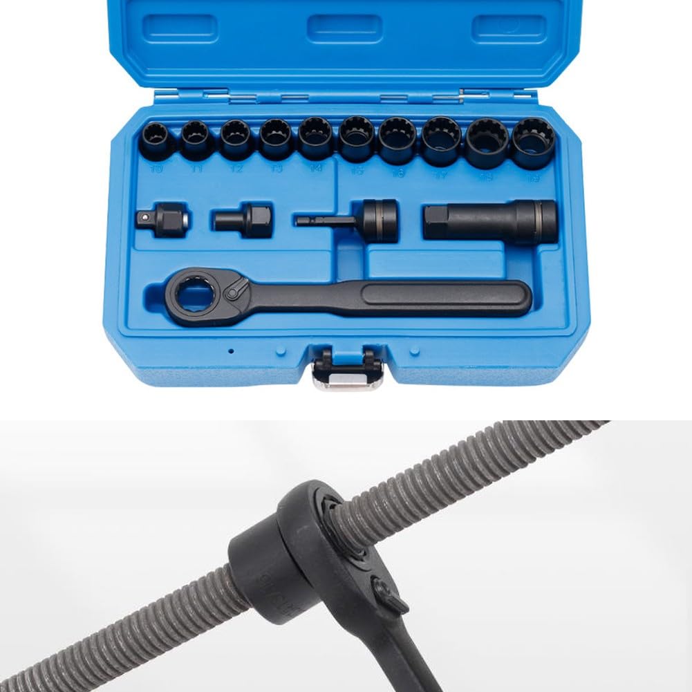 Set di chiavi a bussola a cricchetto, 15 pezzi, kit di chiavi a bussola passanti, 6/12 punti metrici, 10-19 mm, in acciaio cromato, per riparazioni automobilistiche