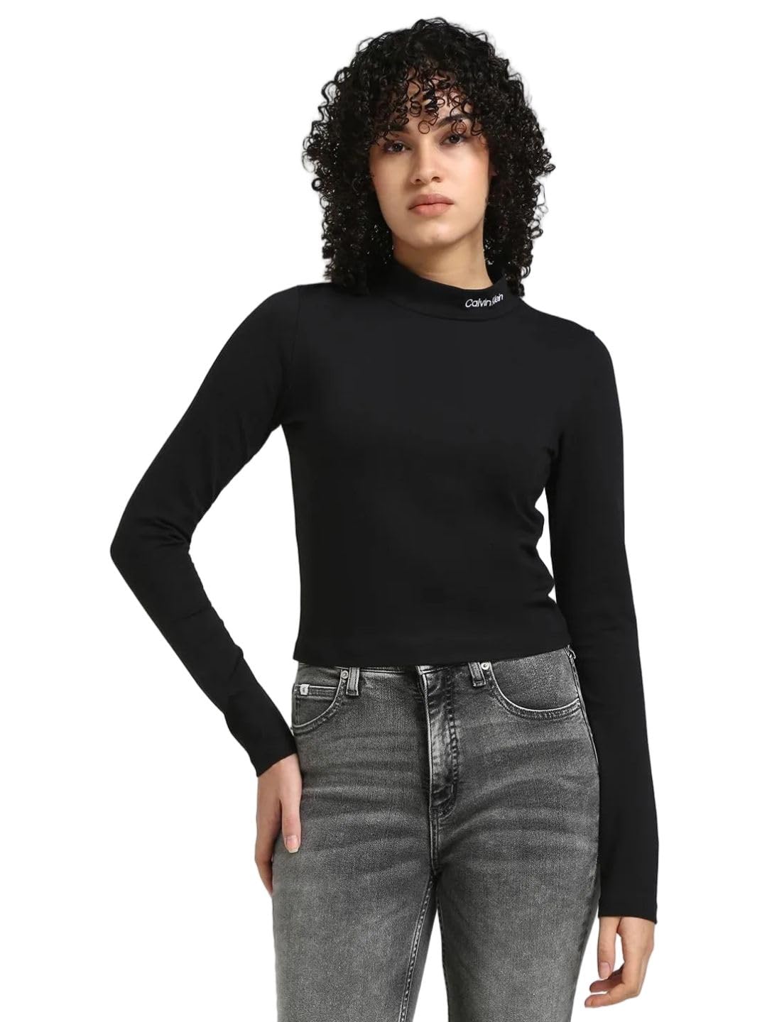 Calvin Klein Donna Maglietta Maniche Lunghe Milano Logo Elastic Top Collo a Lupetto