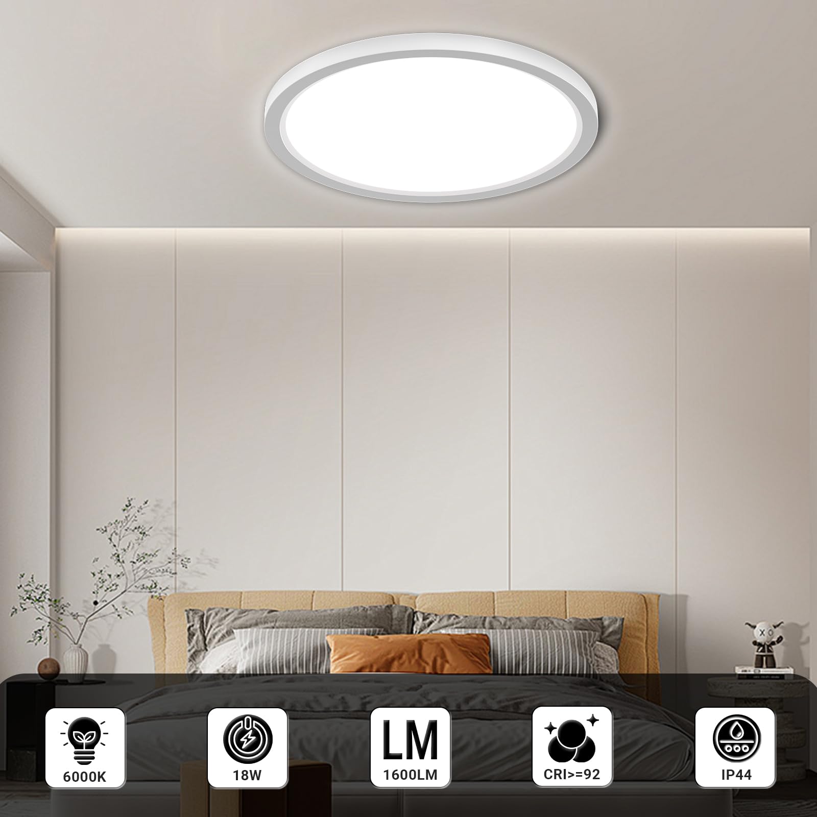 LQWELL® Plafoniera Lampada da soffitto a LED, Lampada da bagno impermeabile IP44 Rotonda Piatta 18W 6000K 1600LM Sottile per Soggiorno Bagno Camera da letto Cucina Seminterrato Ufficio, 220 * 24mm