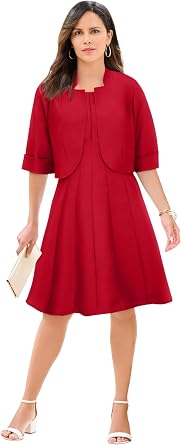Roamans Elbow Sleeve Fit-and-Flare Dress with Bolero Jacket 2-Piece Suit
