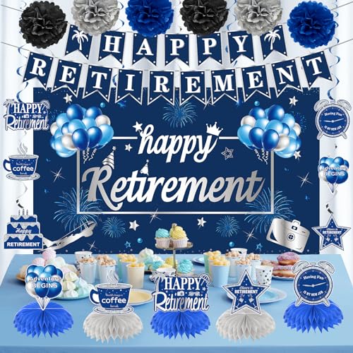 Image of Kuxriox 20PCS Retirement Party Decorations Kit for Men, Blue Silver Retirement Backdrop Balloons Honeycomb Centerpiece Swirl Paper Pompoms Party Supplies, Retired Sash Table Topper Swirls Set