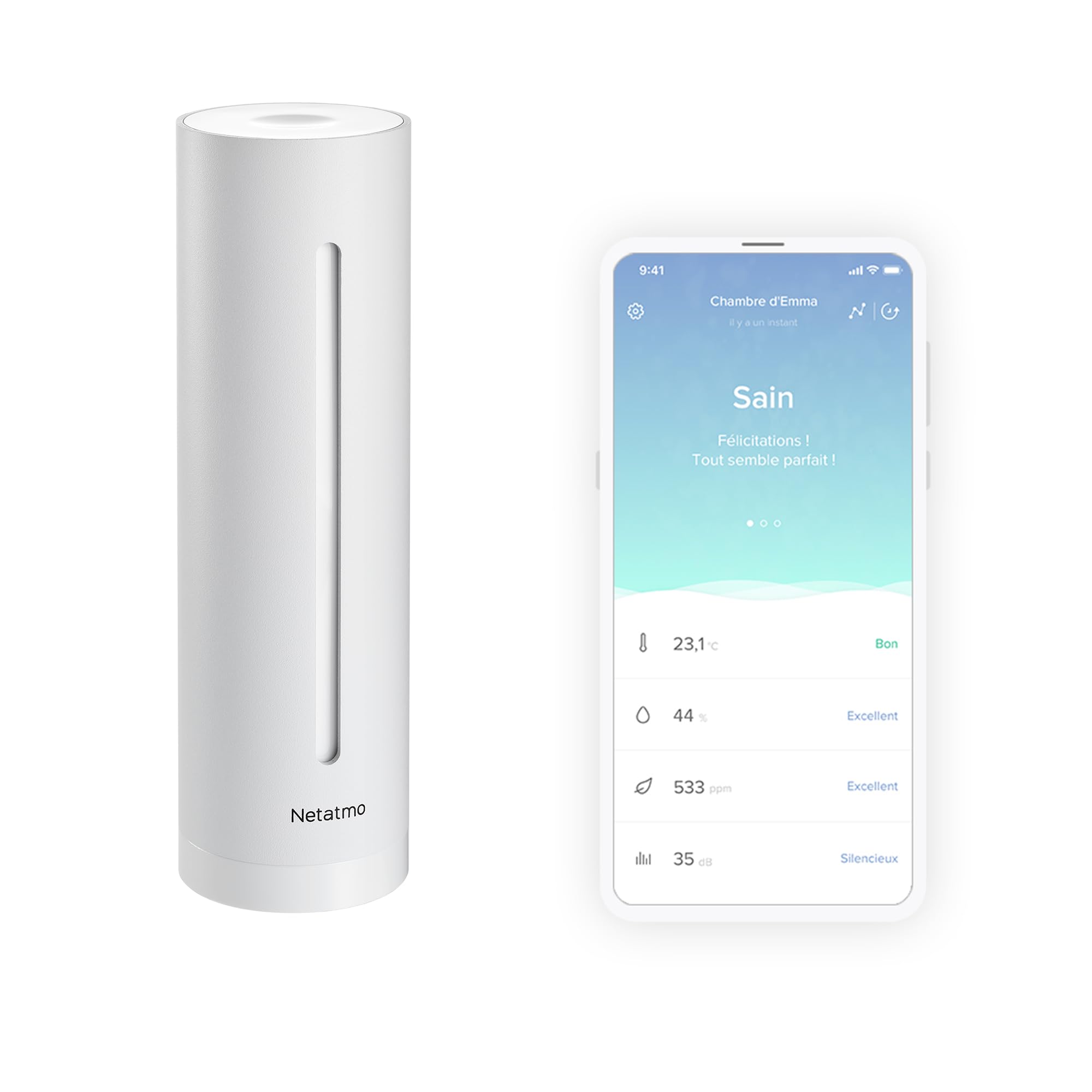 Netatmo Inteligentny czujnik powietrza w pomieszczeniach, czujnik CO2, temperatura, wilgotność powietrza, hałas – sterowanie domem, zdrowy klimat w pomieszczeniu, automatyczne alarmy – biały – NHC-EC