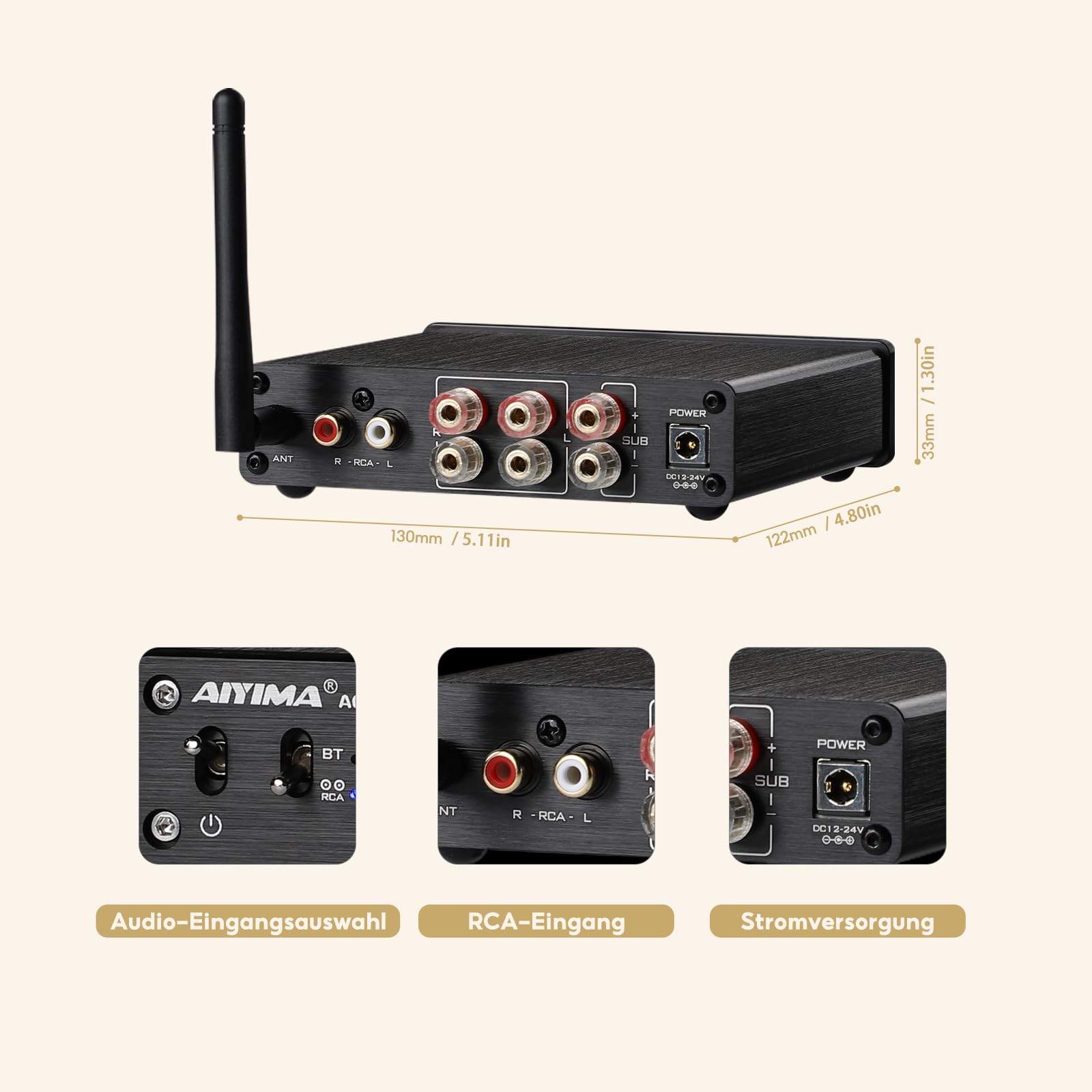 AIYIMA A03 TPA3116 Subwoofer Bluetooth 5.2 Stereoverstärker 2.1 Kanal HiFi-Leistungsverstärker 50W x 2 + 100W Audioverstärker mit DC 24V Netzteil