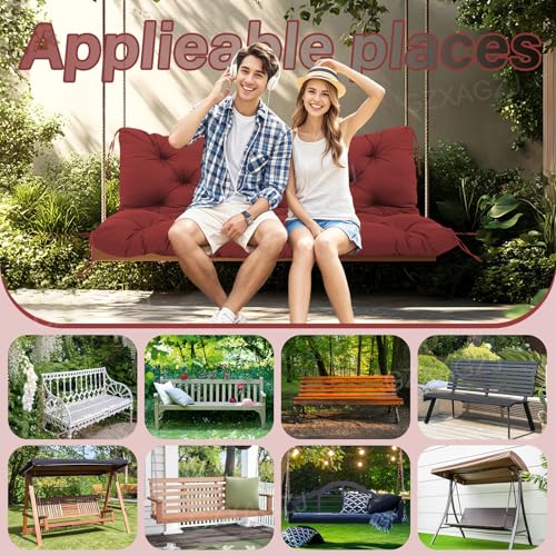 Image of Porch Swing Cushions Outdoor 60 inch Waterproof Swing Cushions 3 Seater Replacement with Backrest and Ties Thicken 5 inch Bench Swing Cushion for Outdoor Furniture Patio(Wine Red60x40x5inch)