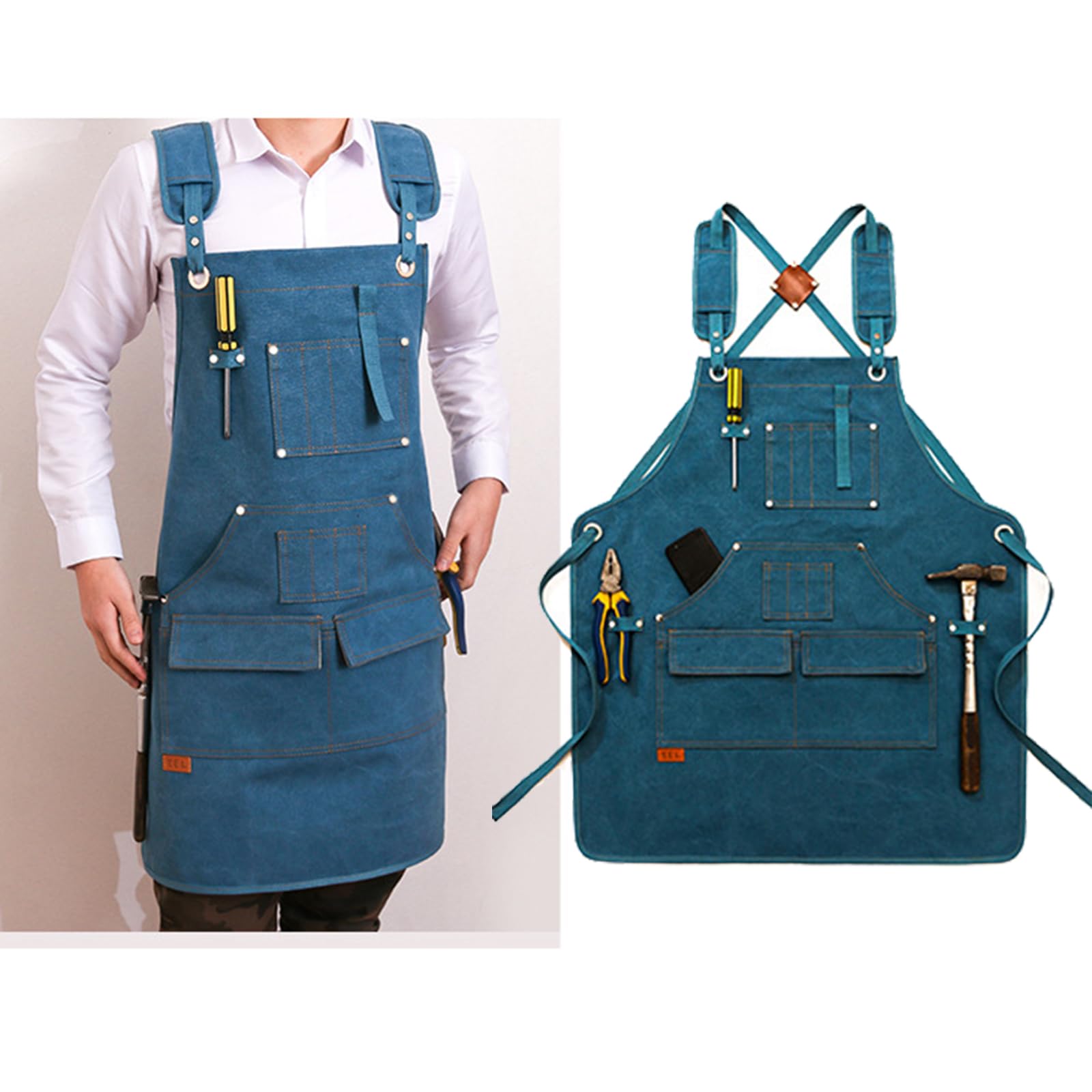 Delantal, Delantal de Lona con Bolsillos, Delantal Chef Espalda Cruzada for Hombre, Mujer, Camarero, Carpintero, jardinería, Amarillo(Blue)