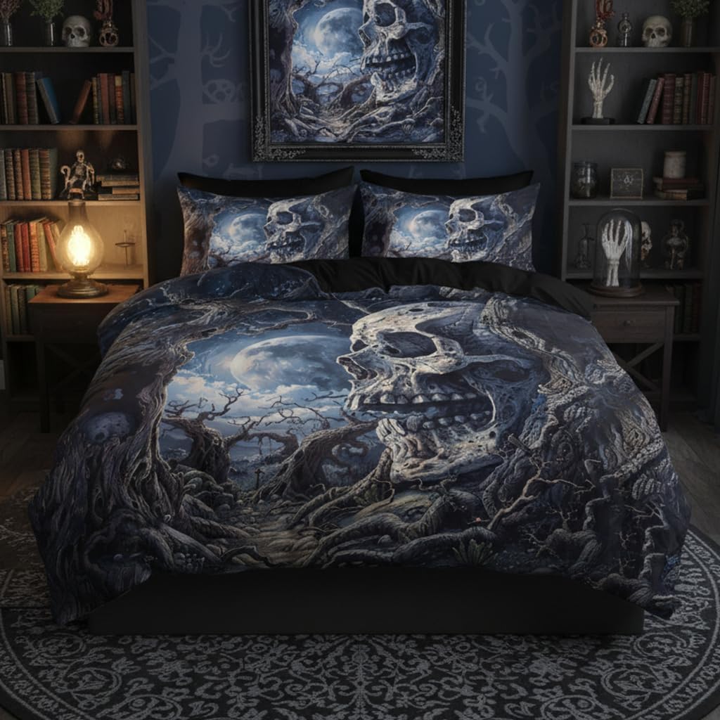 CCoutueChen Halloween Comforter Sets Queen,Gothic Skull Moon Bedding Set Gift for Skull Lover with 2 Pillowcases/90 * 90