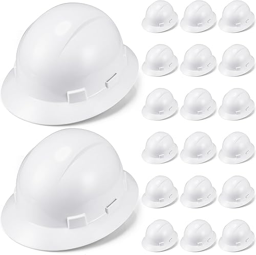 10 Pack Casco de ala completa, Casco de construcción blanco, Casco de seguridad HDPE con suspensión de trinquete ajustable de 6 puntos para hombres