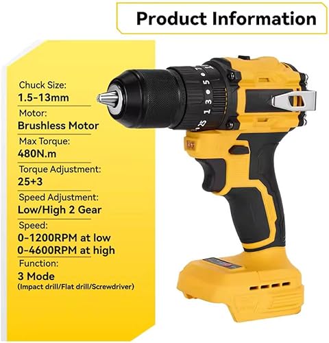 Miniatura 6 de Taladro sin escobillas compatible con batería Dewalt de 20 V (sin batería), inalámbrico de 2 velocidades (0-450/1800 RPM), par de torsión 25+1,