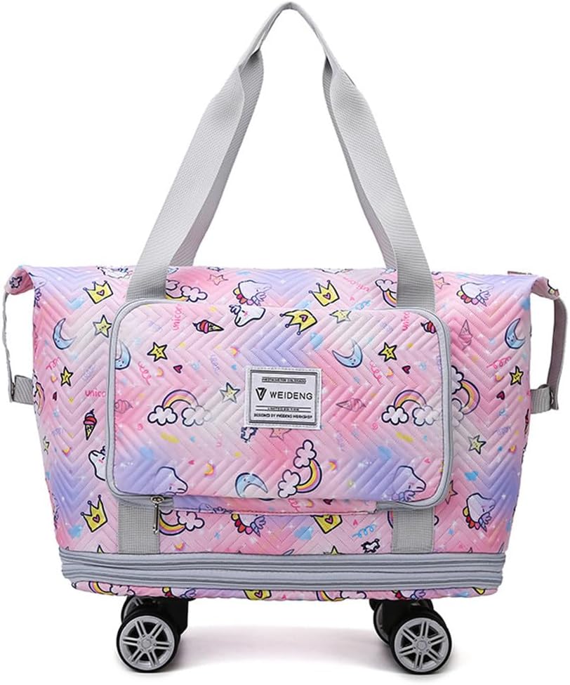 Travel Tote Bags with Trolley Sleeve Expandable Extra Waterproof Rainbow Oxford Duffel Bag with Wheels (Rainbow Pink, Small)