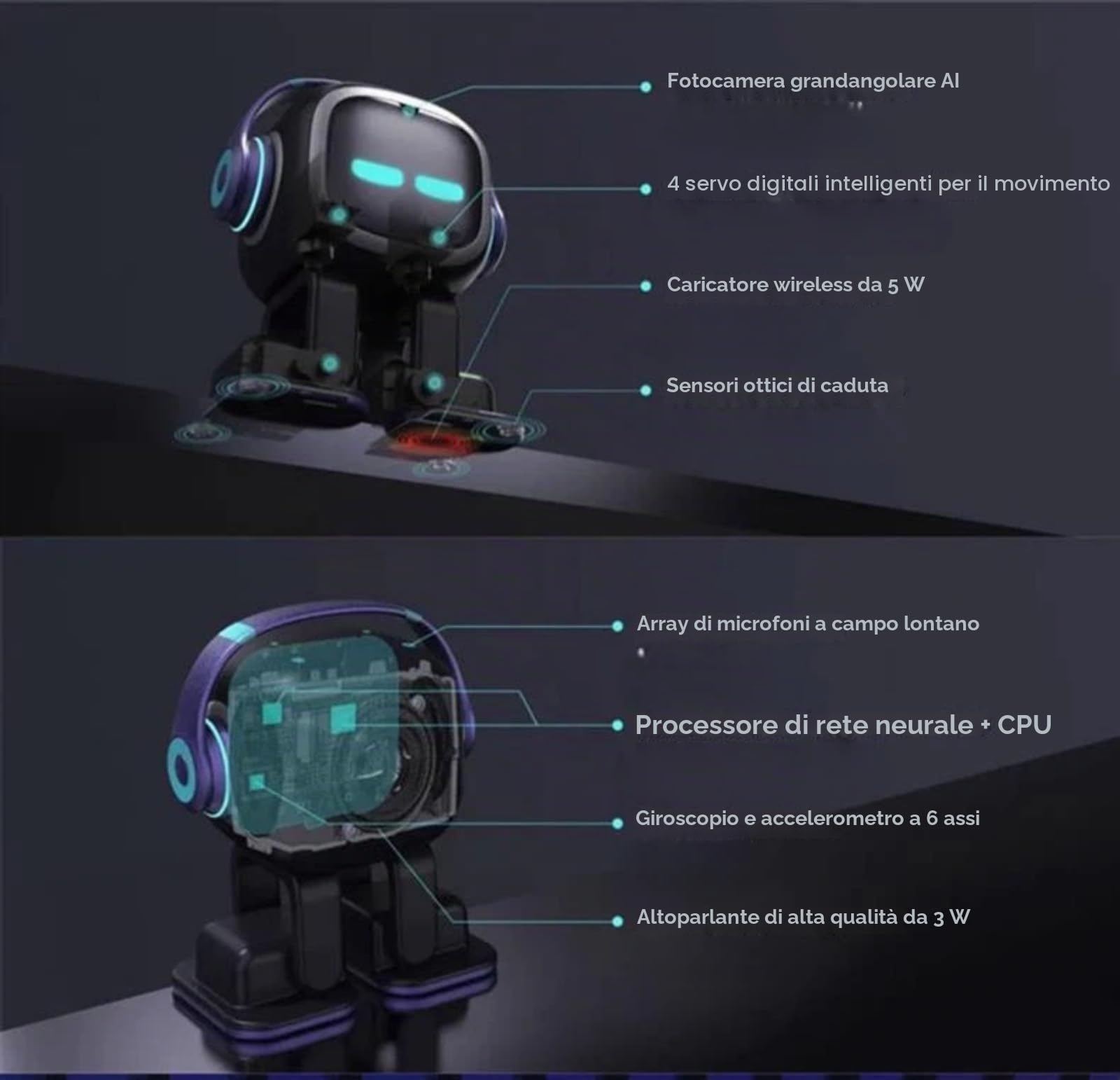 Robot compagno AI con riconoscimento facciale, interazione vocale, sensore aptico, ricarica wireless da 5 W per scrivania e casa intelligente
