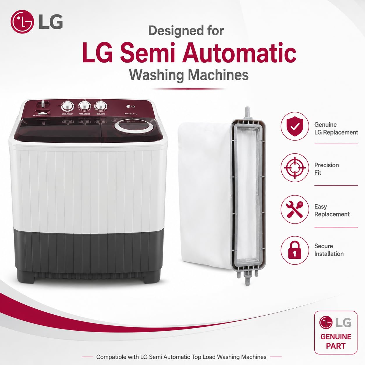 LG Original Fusselfilter für LG Halbautomatische Waschmaschine (5230FW3160G) | Original Staubfilter, Fusselfänger, Abfallsammler, Netz Jali Ersatzteil (1 Stück)