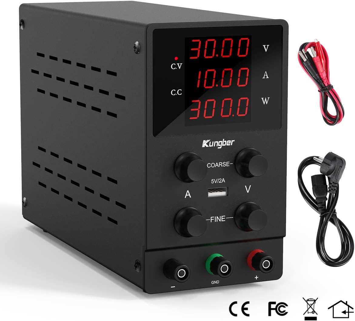 Variable DC Power Supply, 0-30V 0-10A Adjustable Switching Regulated Bench Power Supply with 4-Digit LED Display, 5V/2A USB Port, Coarse & Fine Adjustment, CV/CC Mode