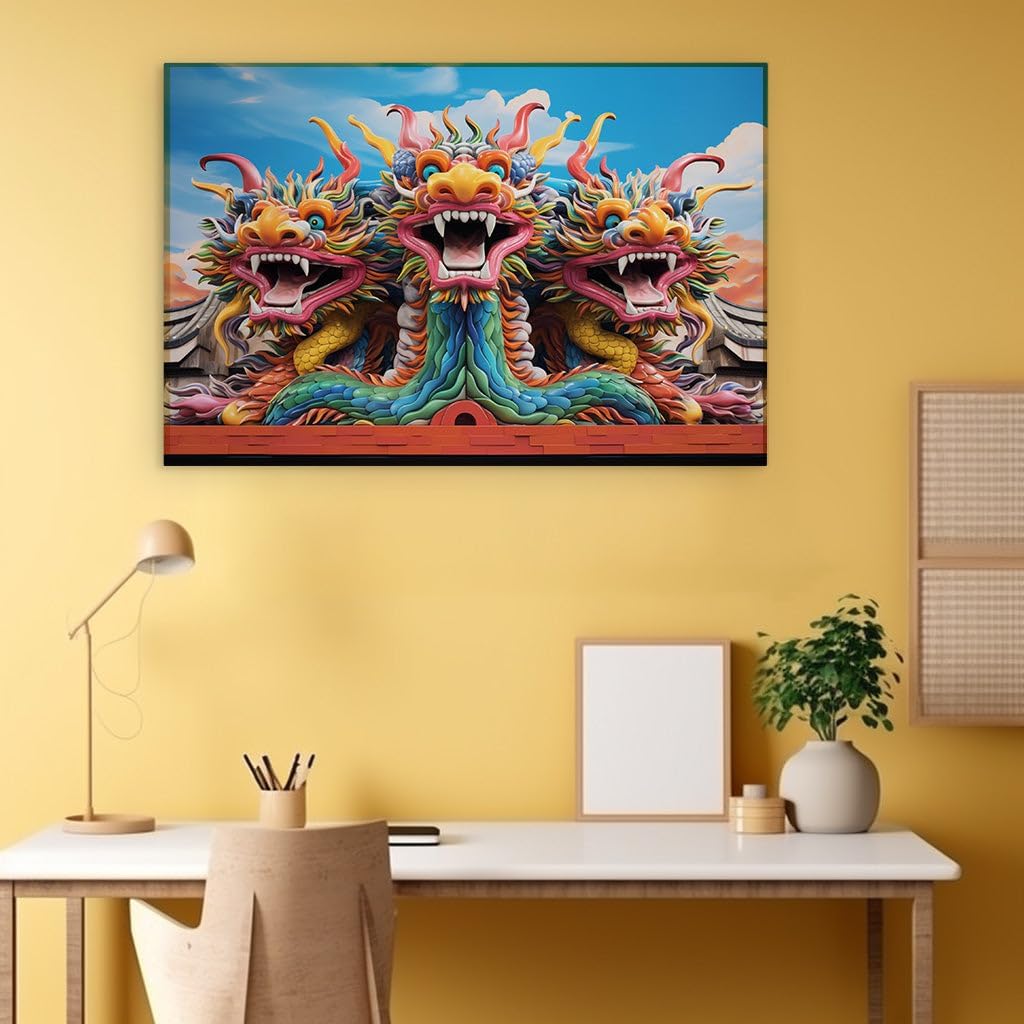 Canvas for Living room. Unleashing the Triumvirate of Fire, Earth, and Wind - The Splendid Guardian Dragons of the Temple Eaves, 27 x 18 inch Canvas Wall Art - Modern Home Decor
