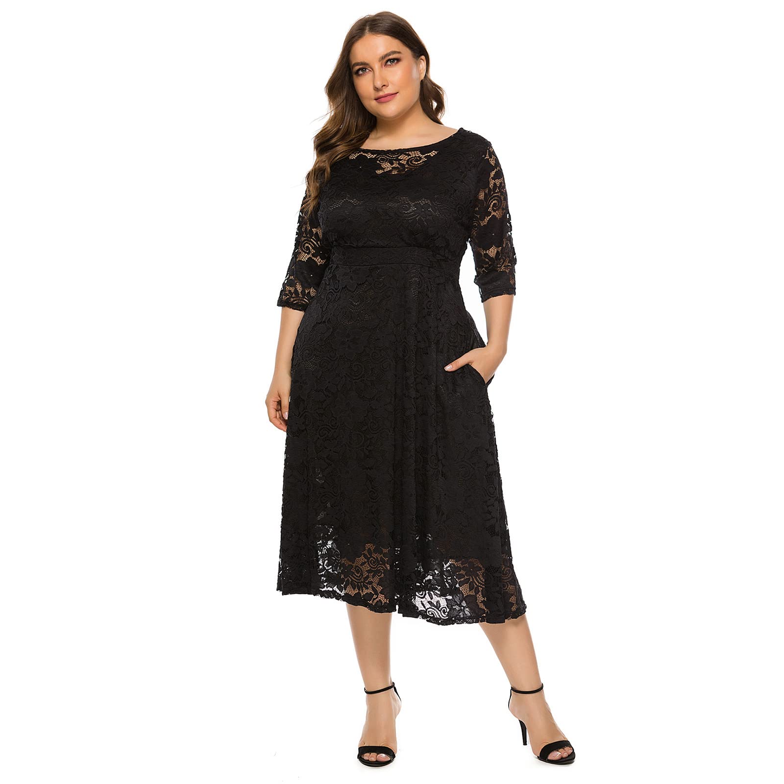 Odizli Abito da donna, elegante, con maniche a 3/4, in pizzo, per matrimoni, feste, da sera, taglie forti