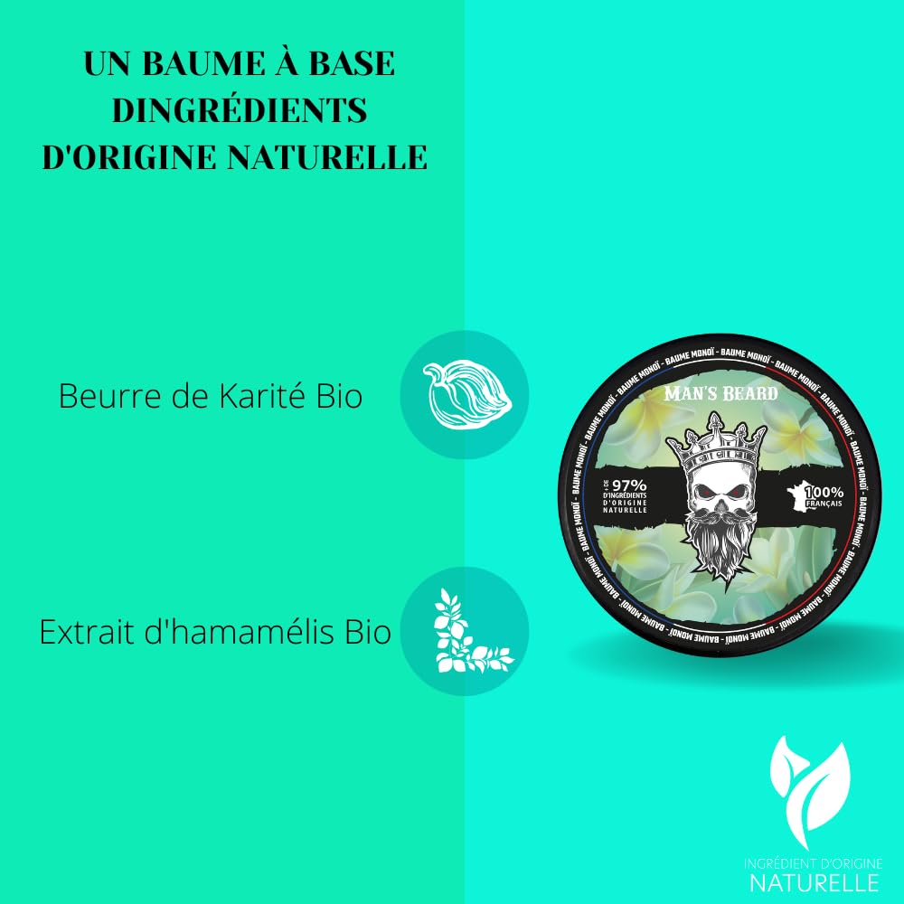 Man's Beard | Baume à barbe Monoi homme | Ingrédients d'origine naturelle | Soin de barbe adoucissant et aide à la pousse de la barbe | 100% Fabrication Française