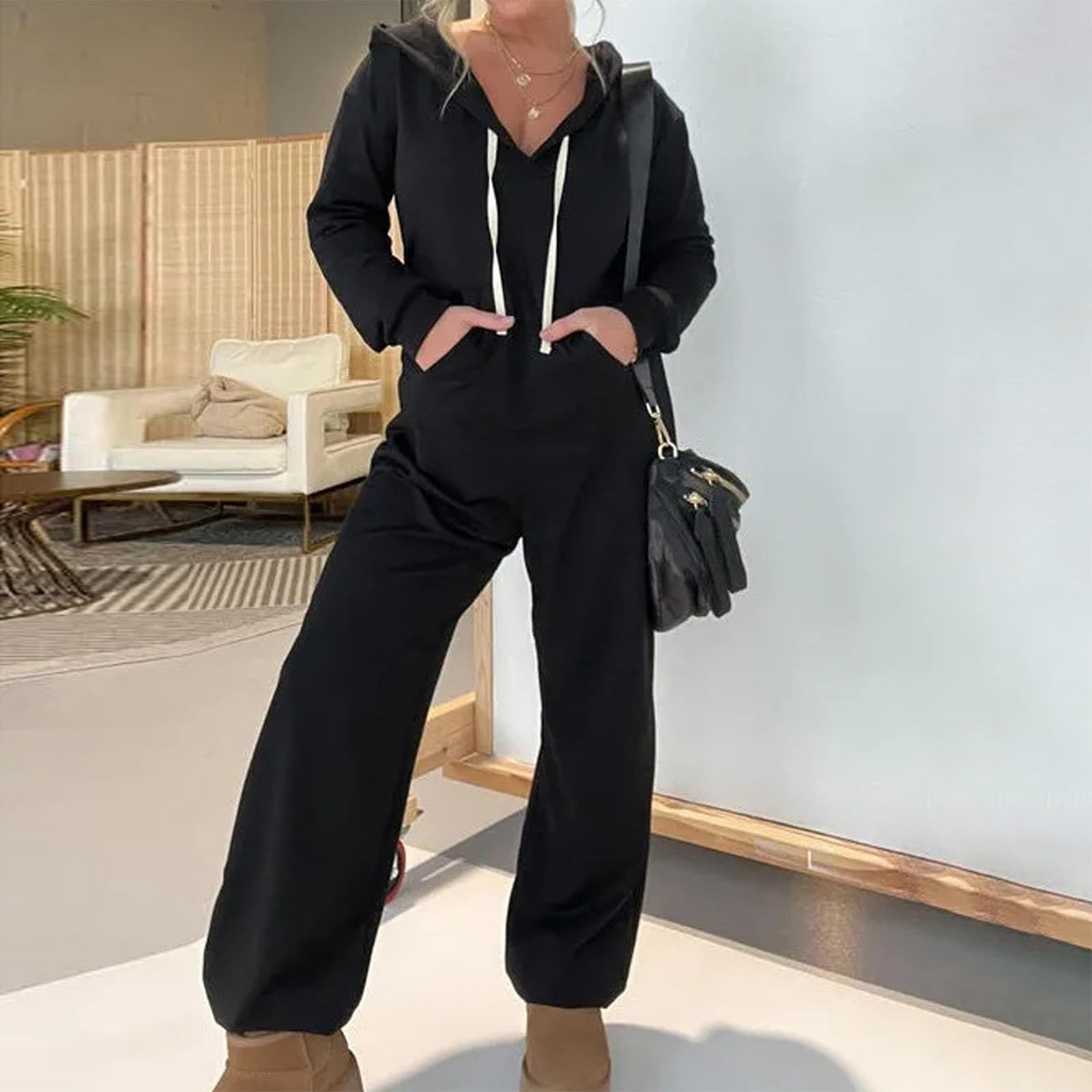 LUCKME Tuta Intera Donna Felpa Manica Lunga Tinta Unita Casual Autunno
