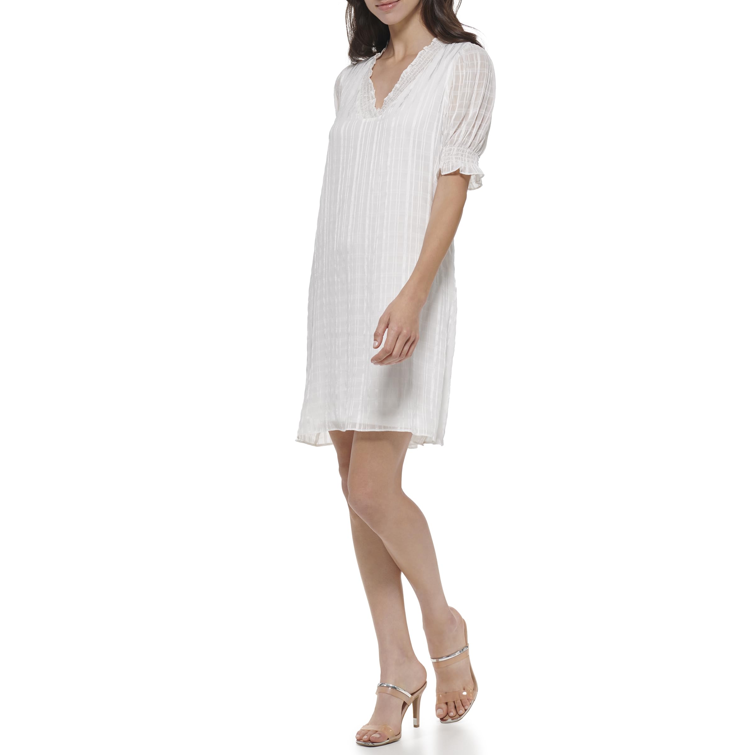 DKNY Casual Smocked Sleeve Vneck Dress Vestido Mujer