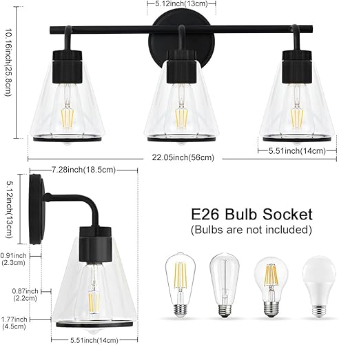 Miniatura 4 de Lámpara negra para tocador de baño, 3 luces, lámparas de baño sobre espejo, accesorios de iluminación con pantalla de vidrio transparente de 22