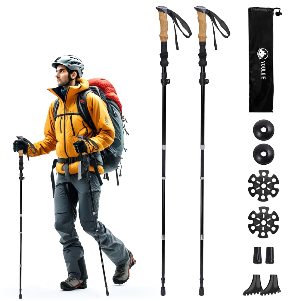 Bastoni da trekking pieghevoli a 5 sezioni, bastoncini da trekking pieghevoli regolabili fino a 35,6 cm, in alluminio aeronautico ultraleggero con chiusure in metallo, impugnature in sughero/EVA per