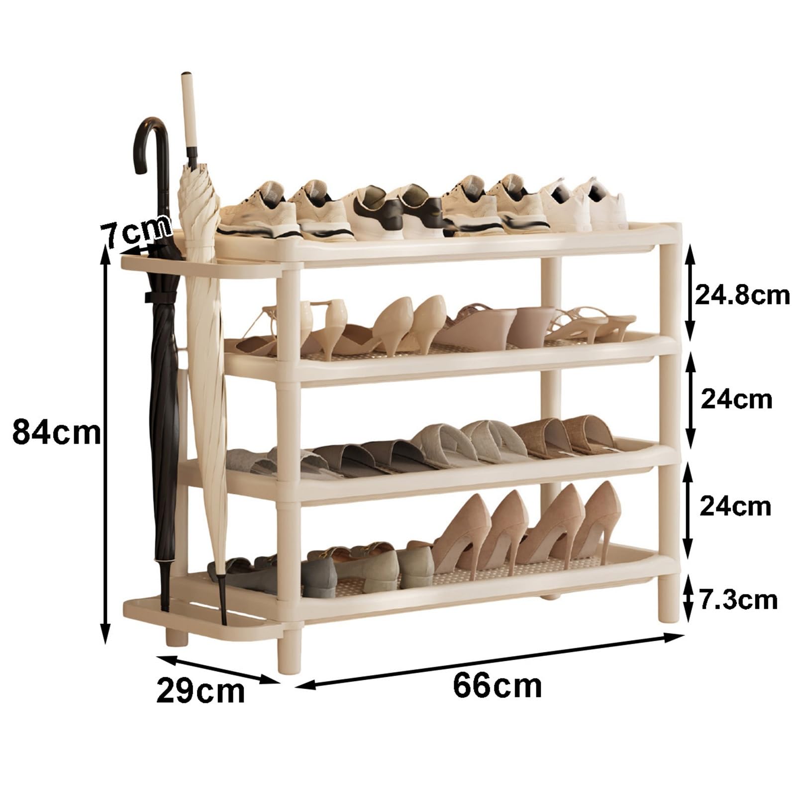 4-poziomowy stojak na buty z uchwytem na parasol i tacą ociekową o szerokości 29 cm i solidnym schowkiem na buty, do szafy, garażu, akademika, białe półki na buty
