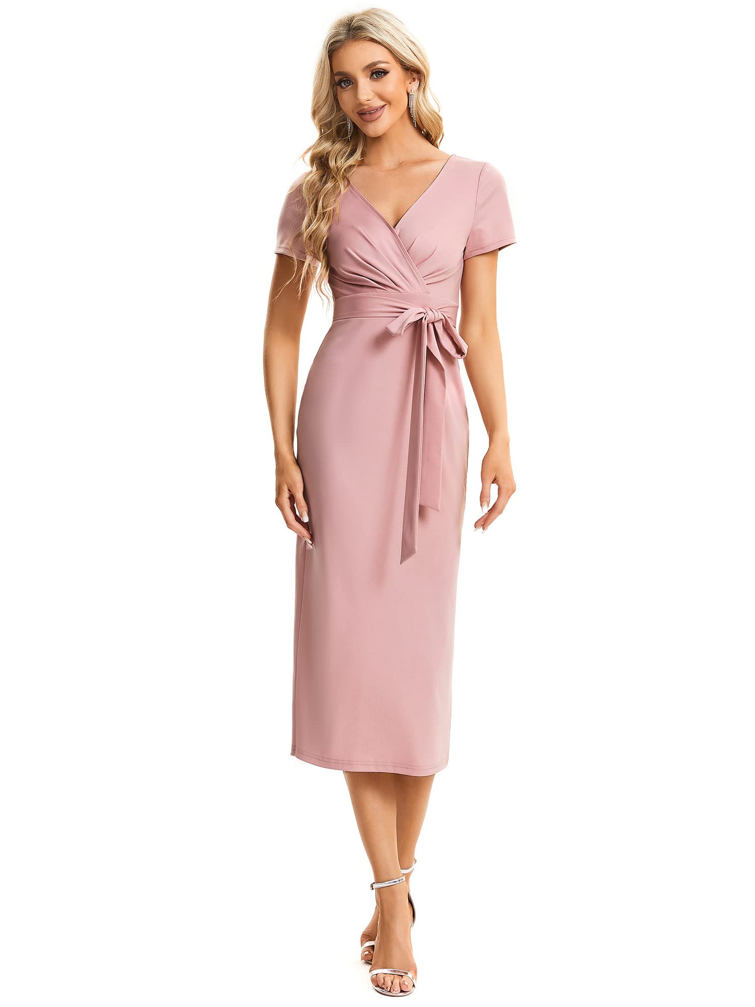 Ever-Pretty Vestido de Fiesta Escote en V Vintage Ajustado Plisado Manga Corta Midi para Mujer Elegantes 01783