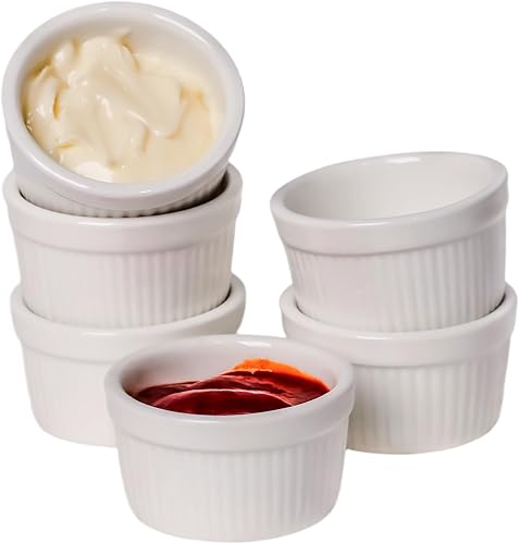 Juego de 6 mini ramequines de porcelana de 1 onza para souffle, crema brulee, pudín, tazas de natillas, cuencos para hornear, aptos para horno,