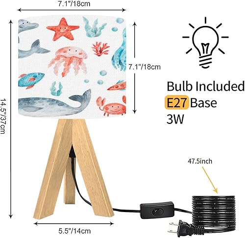 Miniatura 3 de Lámpara de mesa con trípode, animales del océano, peces y mesita de noche, lámpara de escritorio regulable con base de madera, pantalla de tela para