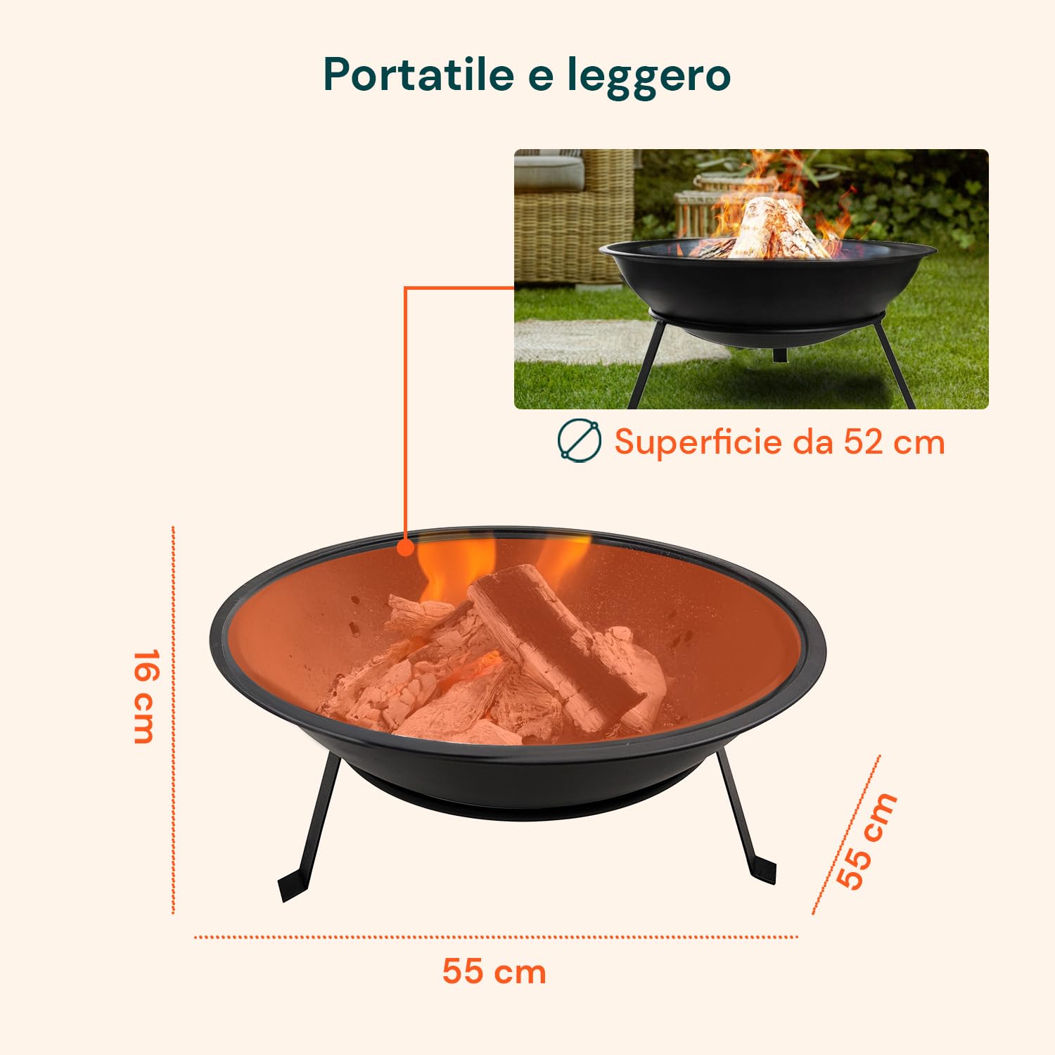 Avilia Braciere da Giardino 52 cm – Braciere da Esterno in Metallo Resistente al Calore per Riscaldamento e BBQ, Fornacella a Carbone Compatta per Griglia Barbecue e Atmosfera Outdoor