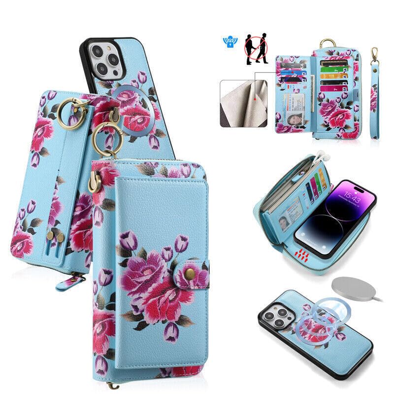 Étui portefeuille iPhone 16 Pro Max bleu cuir housse protection clapet aimanté