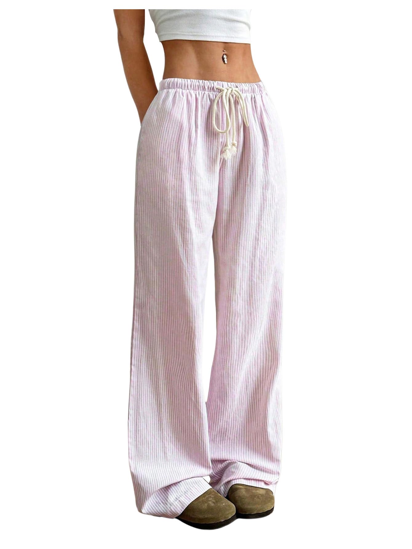 SHENHE Womens Y2K Striped Pants Low Rise Straight Leg Drawstring Casual Lounge Trousers