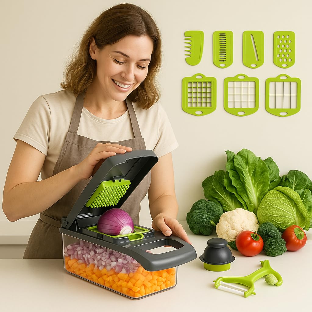 Vegetable Chopper and Slicer Set, 14-in-1 Multifunctional Food Dicer with Container, Multi-Blade Kitchen Mandoline, Green