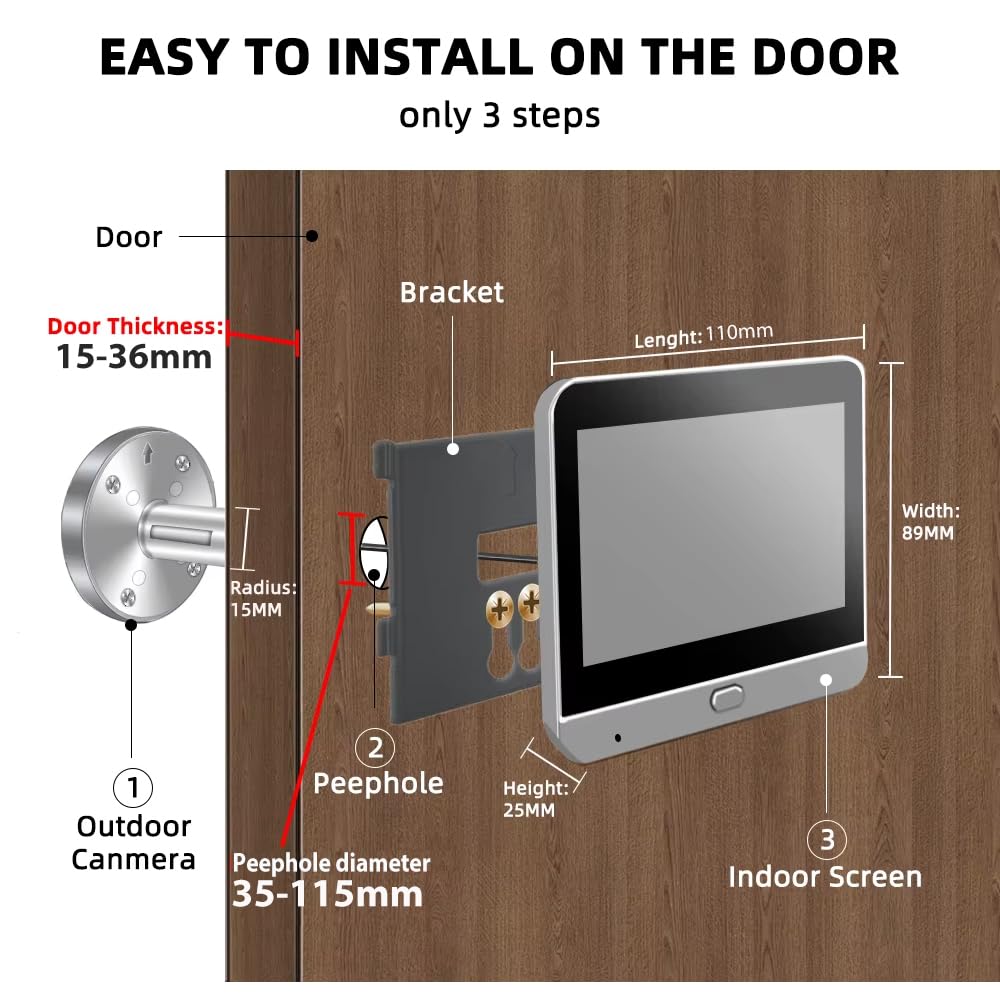 Detección por Radar, Mirilla Digital Inteligente para Puerta con Cámara 2K Gran Angular 140°, Visión Nocturna Infrarroja, Micrófono Integrado, Pantalla a Color 4,3", Batería 5000 mAh con Wi-Fi 2,4 GHz