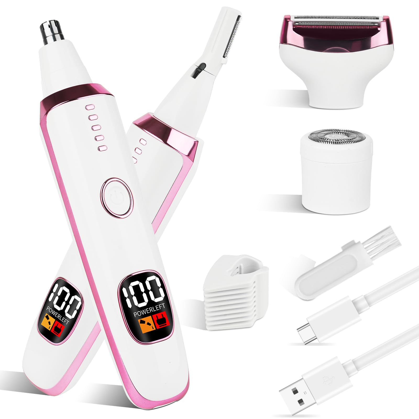 Mendaping 2025 Rechargeable Nose and Ear Hair Trimmer With LED Dispaly for Women Men,4 in 1 Painless Eyebrow & Facial Hair Trimmer with Powerful Motor,Ladies Wet & Dry Electric Razor for Travel (Pink)