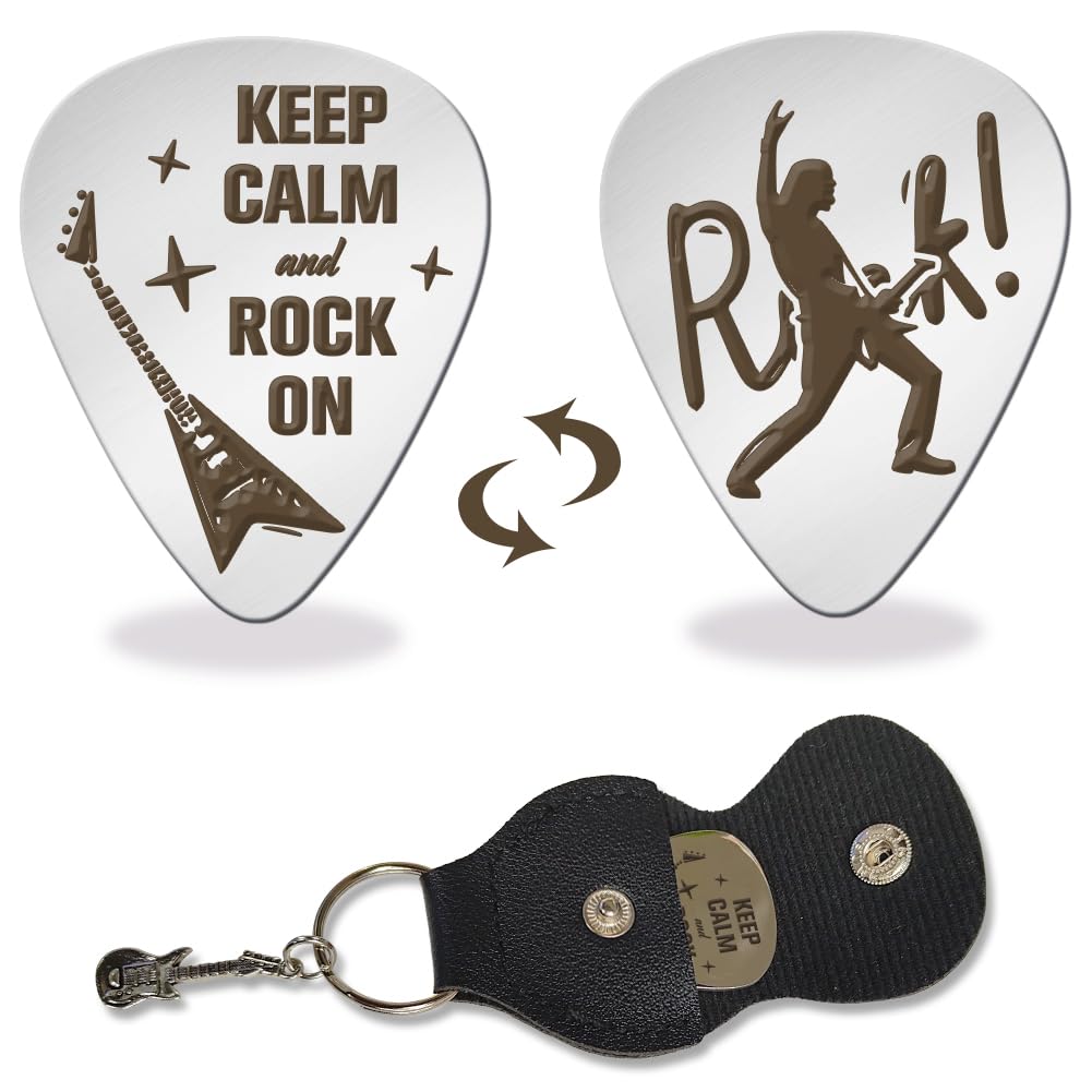 arricraft1 Pc Stainless Steel Guitar Pick, Keep Calm and Rock Roll Metal Guitar Plectrums with Holder Bass Pick Musicial Gifts for Musician Guitar Player Guitarist Christmas Birthday