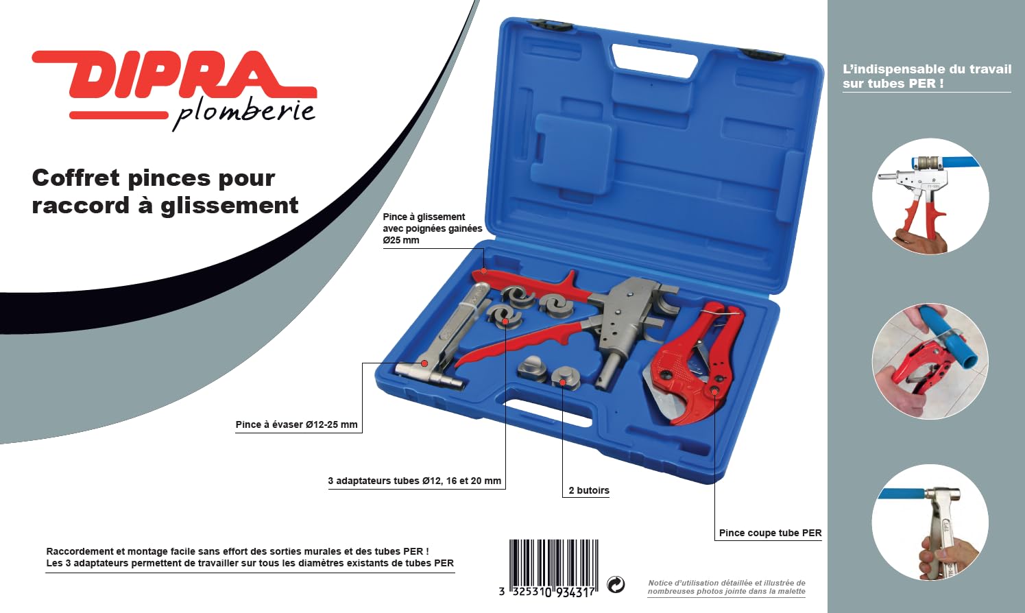 DIPRA - Coffret Pinces pour Raccord à Glissement PER - Pince à Glissement Ø25 mm, Évasoir Ø12-25 mm, Coupe-Tube, 3 Adaptateurs Ø12/16/20 - Mallette
