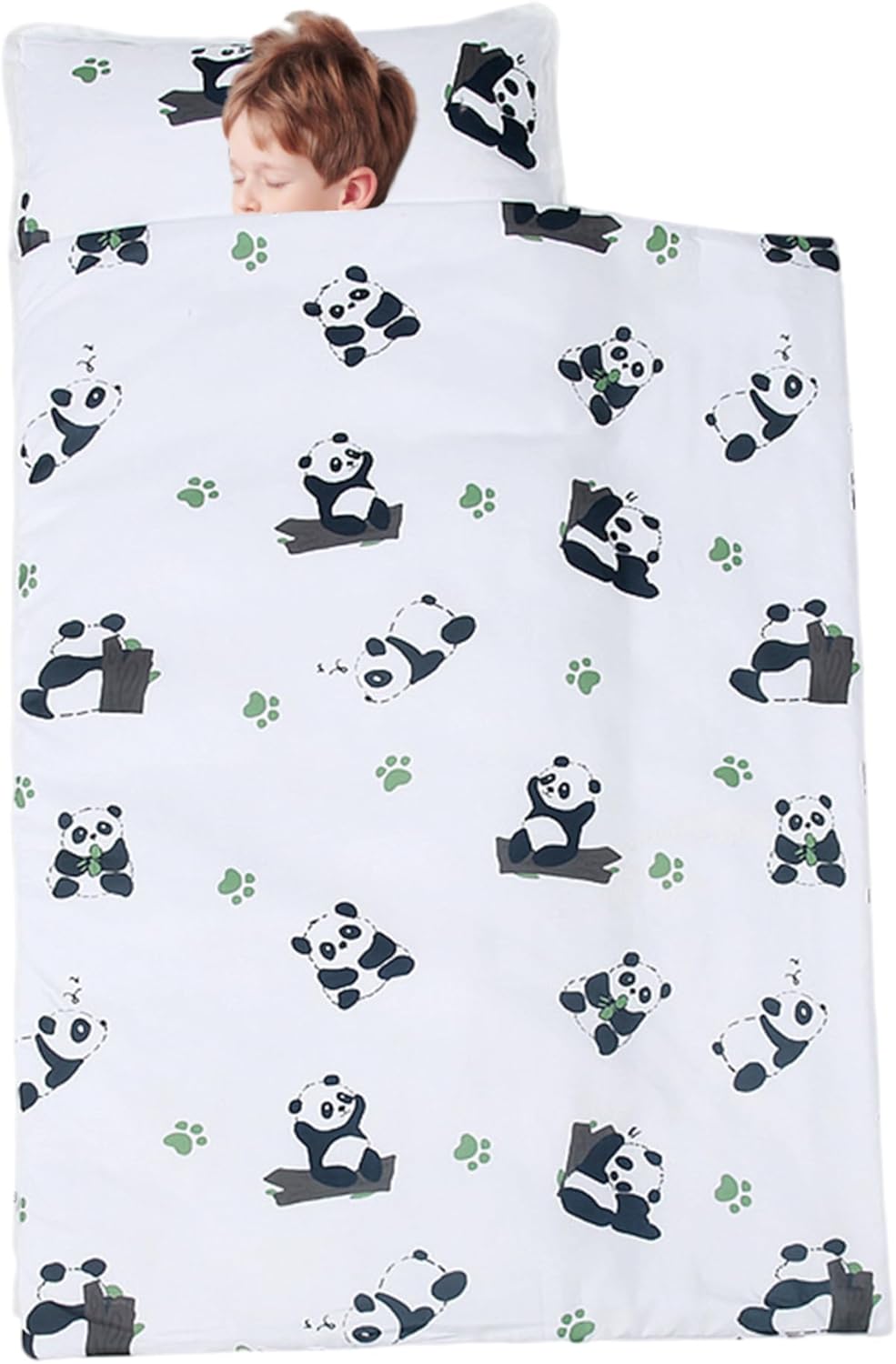 Cotton Toddler Nap Mat with Pillow ＆ Blanket 49x20 Anti-Kick Toddler Sleeping Bag with Handle Panda Print Roll Up Nap Mats for Preschool, Daycare, Indoor Decorations