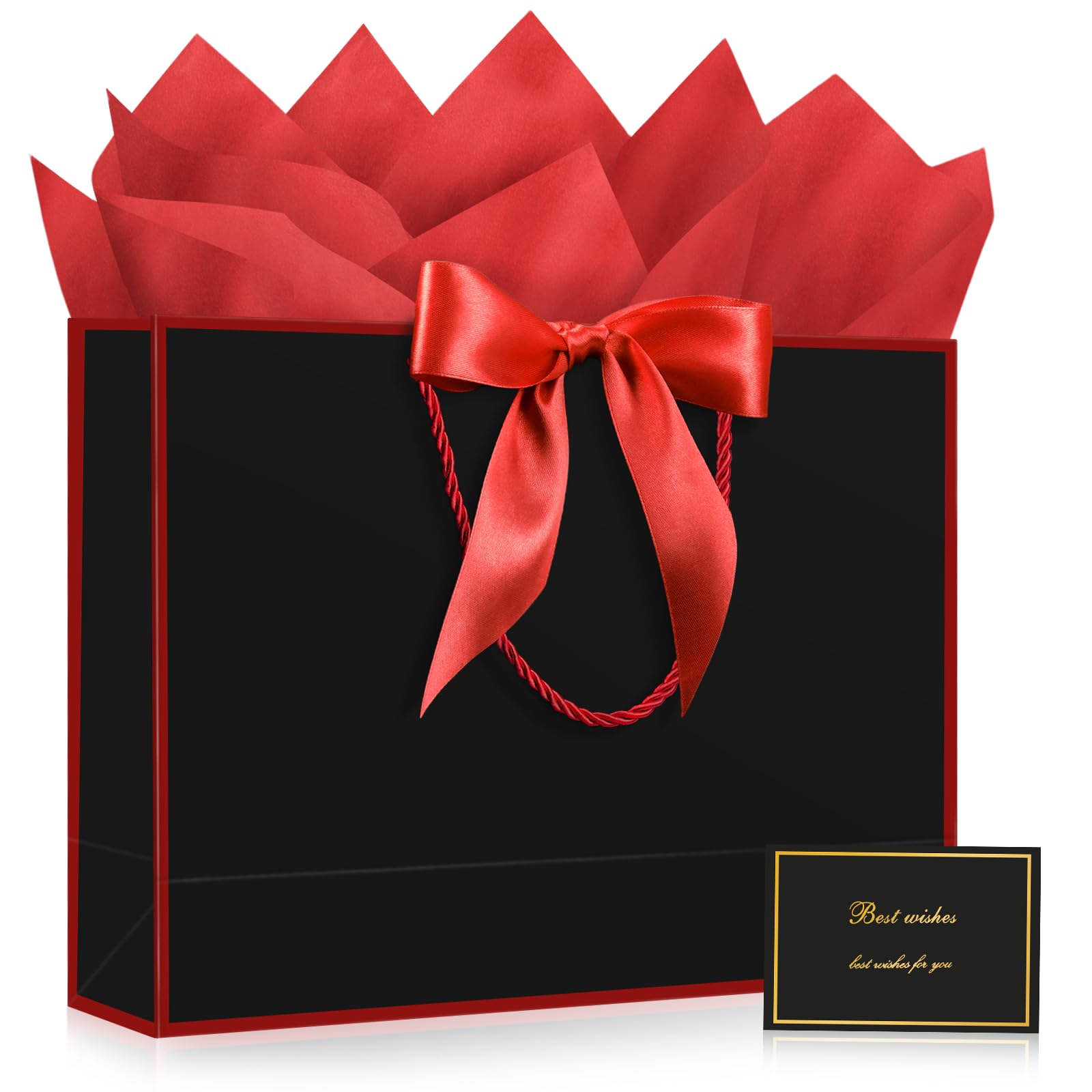 YoungTree Medium Gift Bag with Ribbon and Greeting Card 2 Tissue Papers, Paper Birthday Gift Bags with Handles, Elegant Present Bags for Valentines Day Wedding Engagement Party Supplies (Black-Pink) — image 1