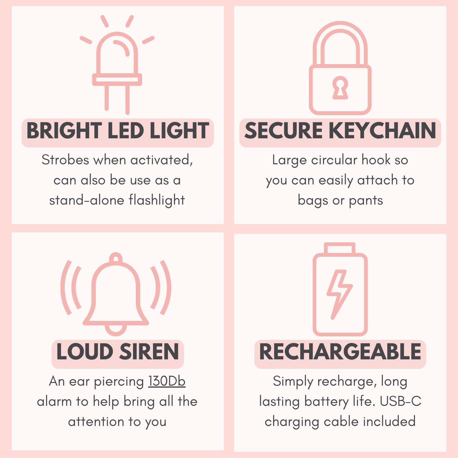 SMPERSALMPK SM Allarme di sicurezza personale da donna, compagno di protezione quotidiana, sirena forte 130 dB, luce SOS, ricaricabile, portachiavi di sicurezza discreto a forma di rossetto