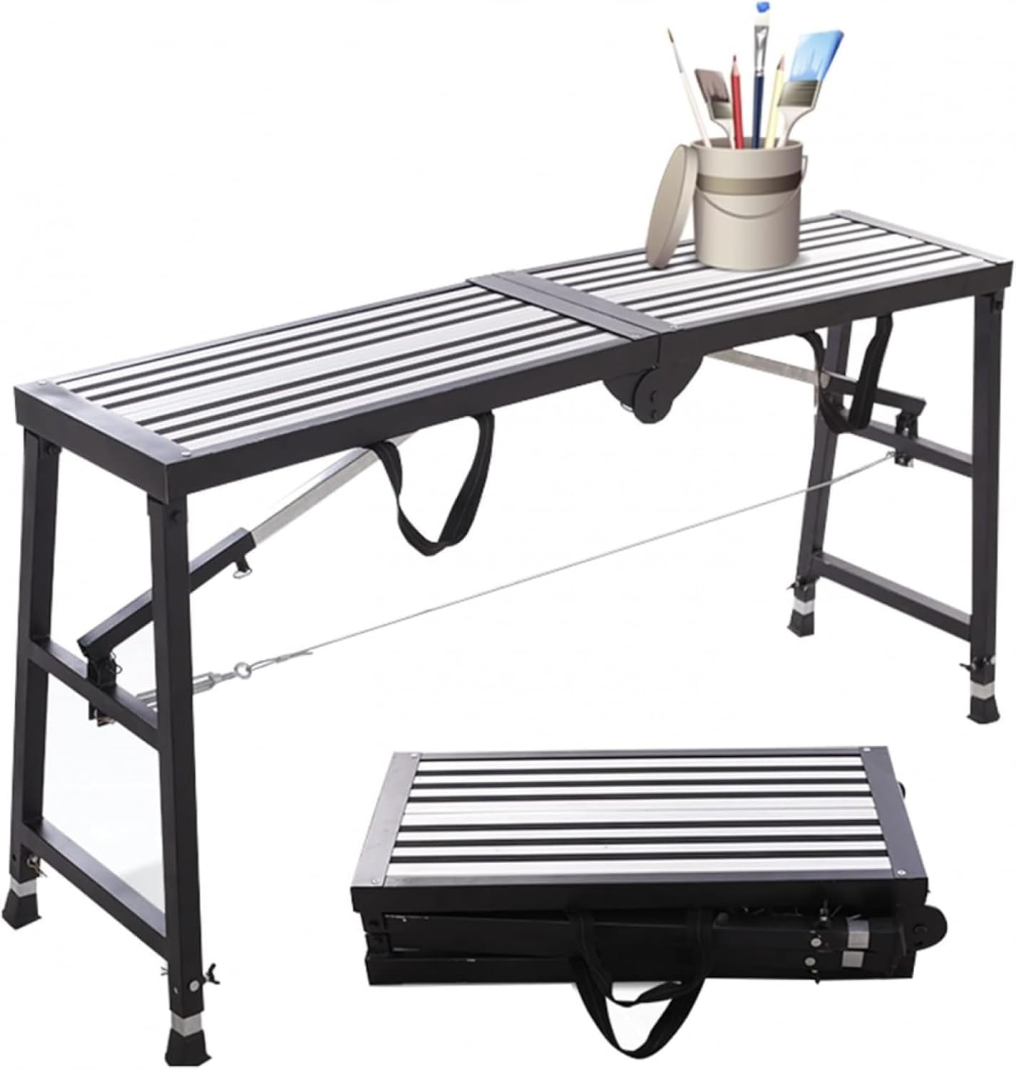 Folding Aluminium Hop Up Work Platform with Handle, Heavy Duty PortableWork Bench with Safety Lock, Adjustable Scaffolding Platform Tower Ladder Stool for Car Washing-160 * 30cm