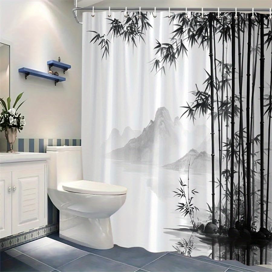Rideau de douche anti-éclaboussures 130x210 cm motif forêt de bambous tissu imperméable lavable