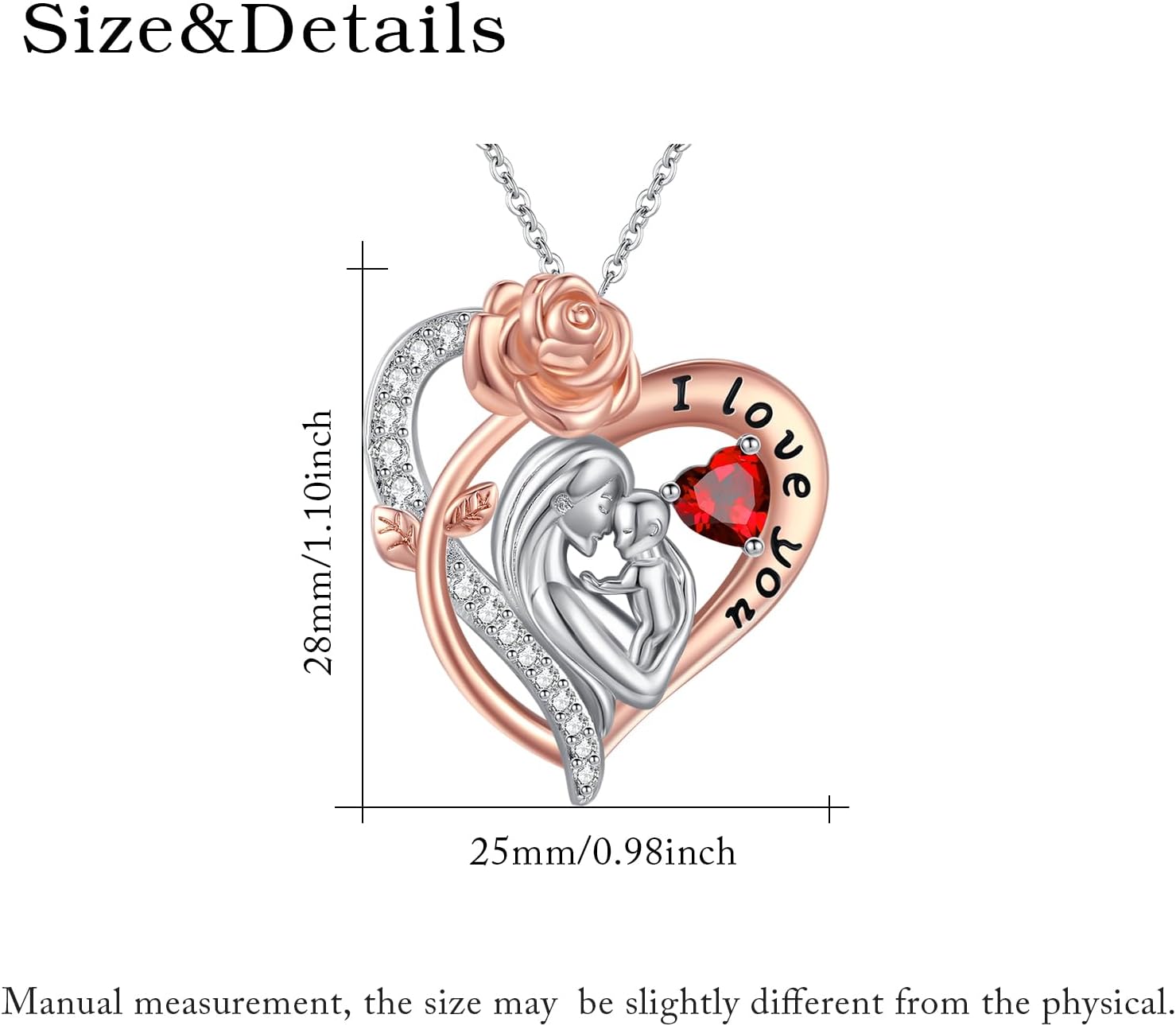 Mom Birthstone Necklace 14K Rose Gold/925 Silver Filled Rose Heart Pendant I Love You Jewelry Mothers Day Gifts for New Mom Grandmother Women Wife Her - Image 6
