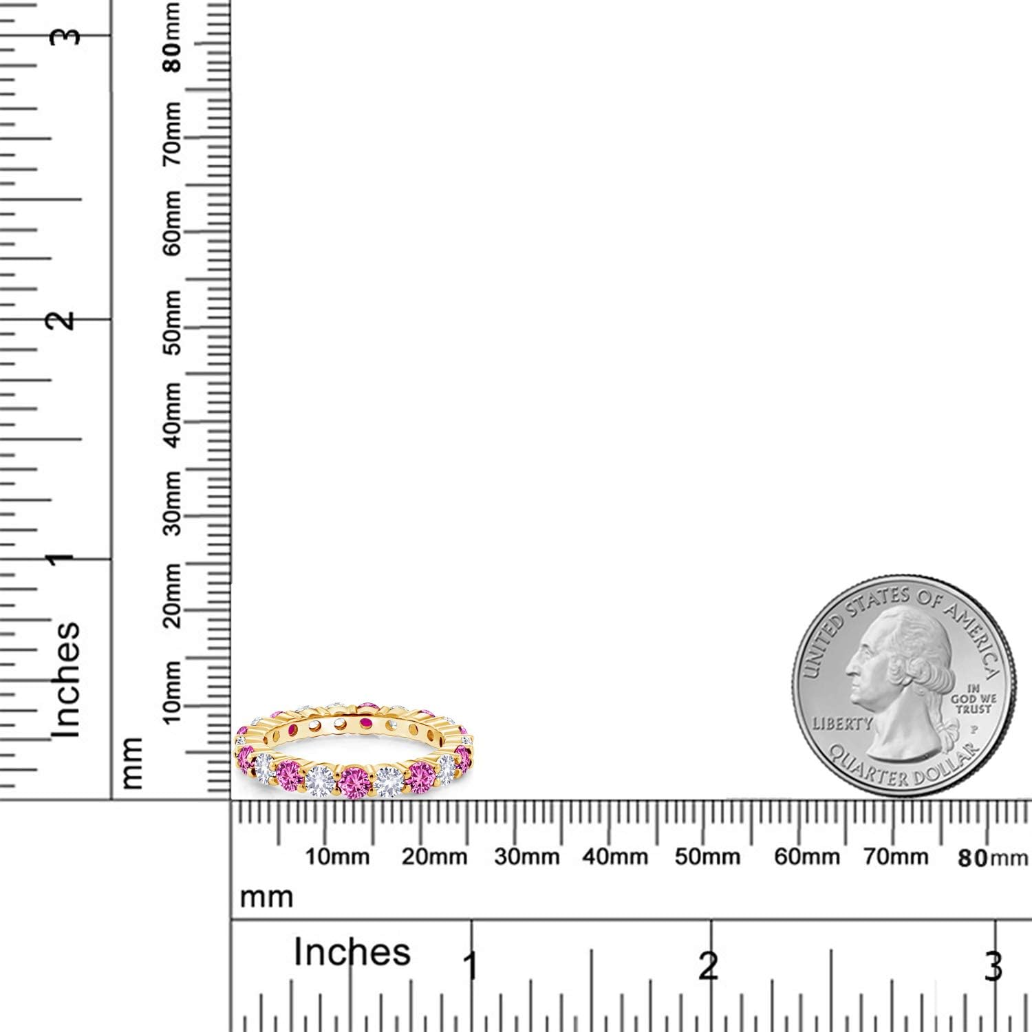 Gem Stone King 1.33 Cttw Round Pink Sapphire and White Created Sapphire 18K Yellow Gold Plated Silver Eternity Band Ring For Women | Round 3MM | Wedding Engagement Anniversary Promise Ring For Women