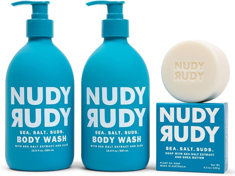 Sabonete líquido corporal Nudy Rudy Sea Salt Suds com barra de sabonete, aloe vera e vitamina E, pacote com 2 e 1 barra adicional — 500 mL e 119 g