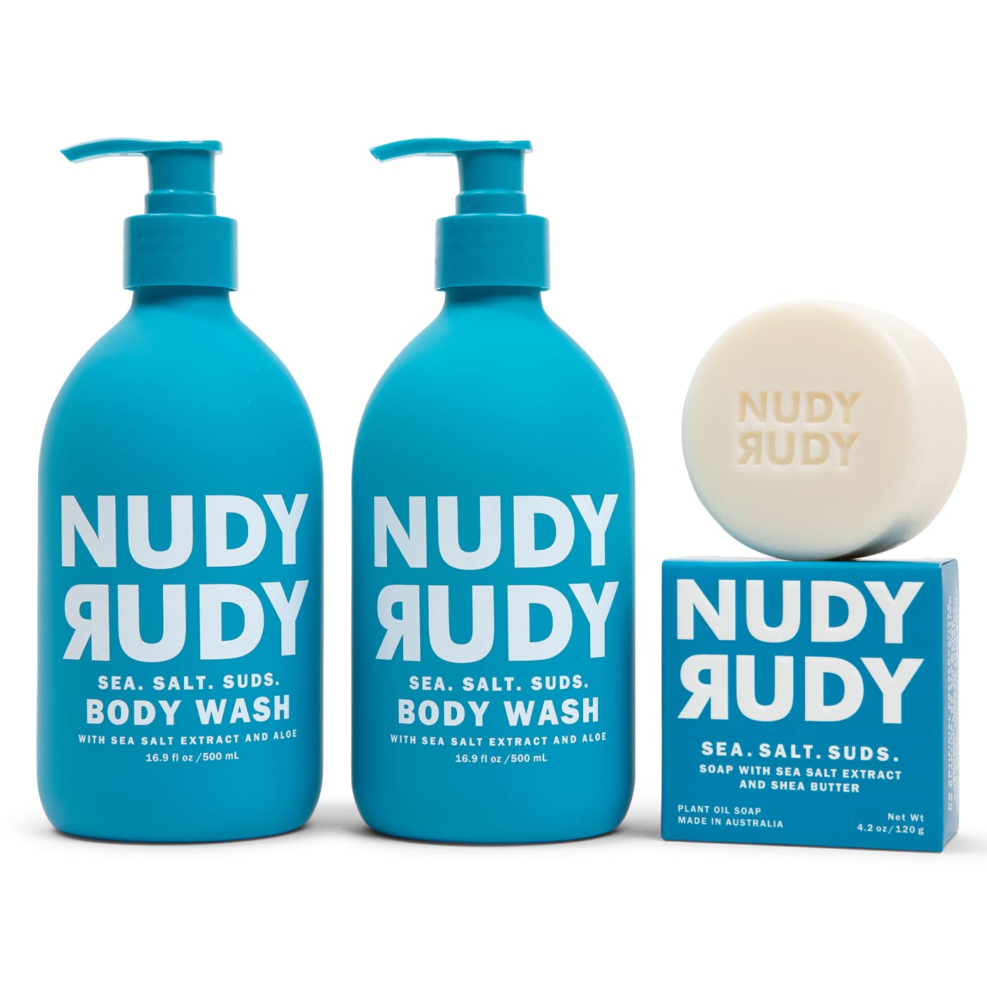 Nudy Rudy Sea Salt Suds 2 Pack, Liquid Body Wash Bundle with Bonus Soap Bar, Aloe Vera and Vitamin E, Moisturizing Shower Gel and Hand Soap for Men and Women 16.9 fl oz and 4.2 oz