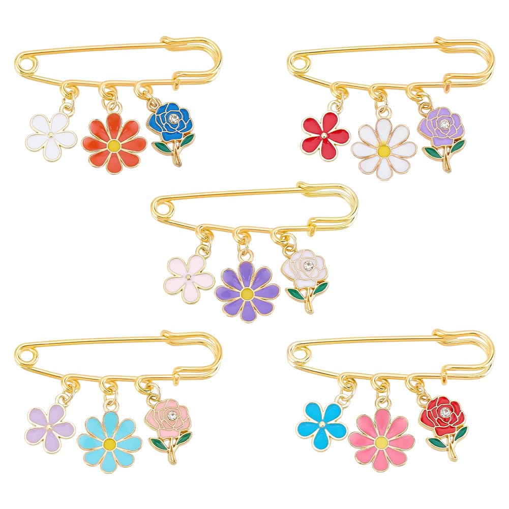PH PandaHall Daisy Flower Safety Pin Brooches 5pcs Flower Brooch Pins Alloy Enamel Brooches Sweater Shawl Clips Decorative Safety Pins for Women Summer Clothing Shirts Dresses Decoration Accessories